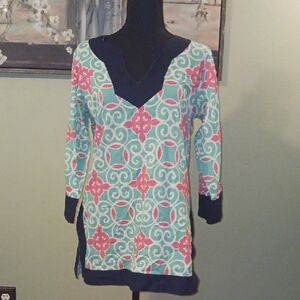 Simply Southern Turquoise & Pink Patterned V-Neck Tunic